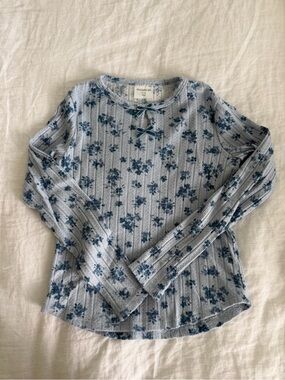 Blue Floral Long-Sleeve Ribbed Tee with Bow Detail